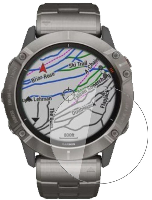 Garminfenix 6X Pro mit aufgebrachter dipos Flex Schutzfolie, glasklare Darstellung ohne Einschränkungen