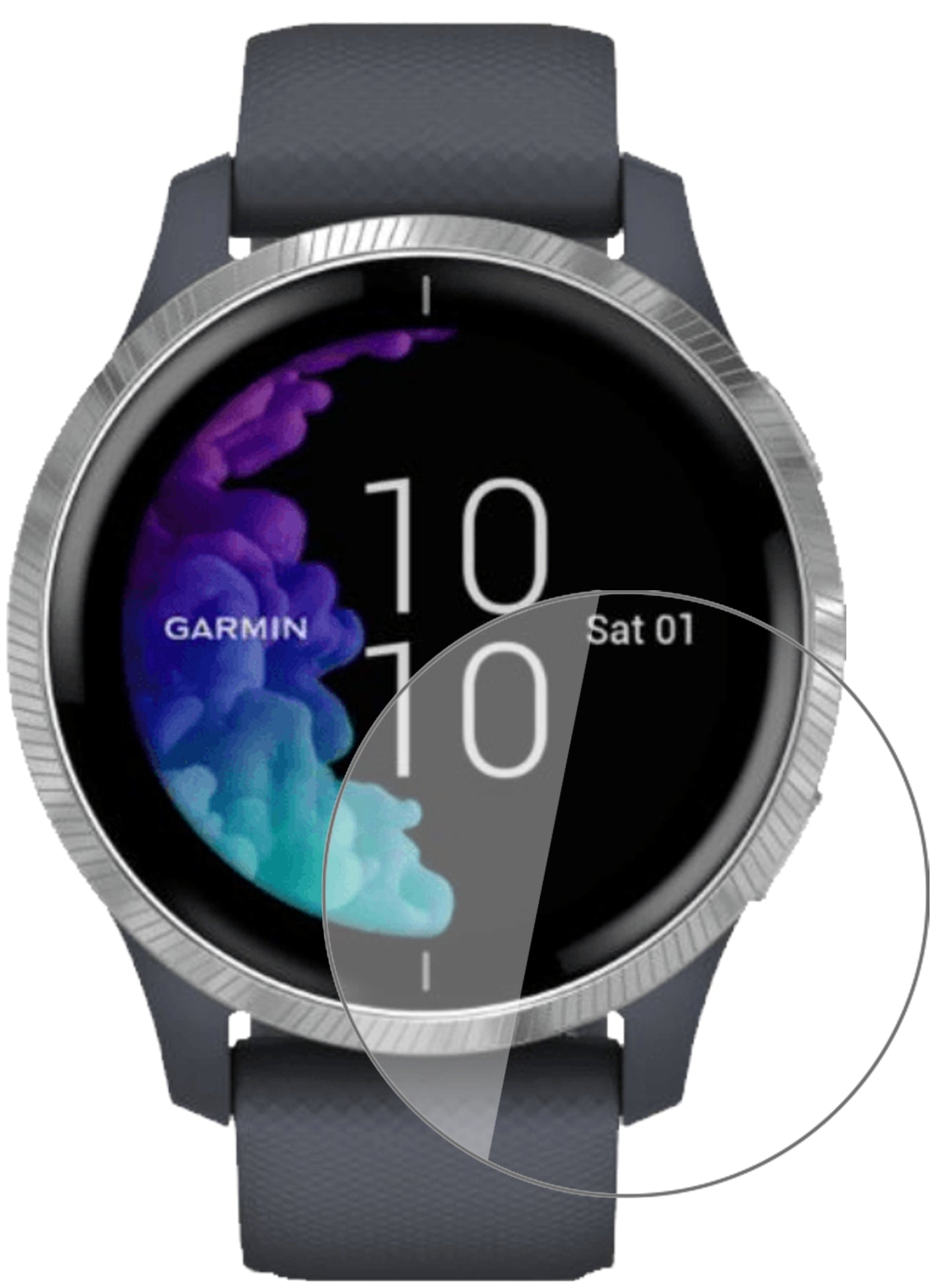 GarminVenu (43mm) mit aufgebrachter dipos Flex Schutzfolie, glasklare Darstellung ohne Einschränkungen