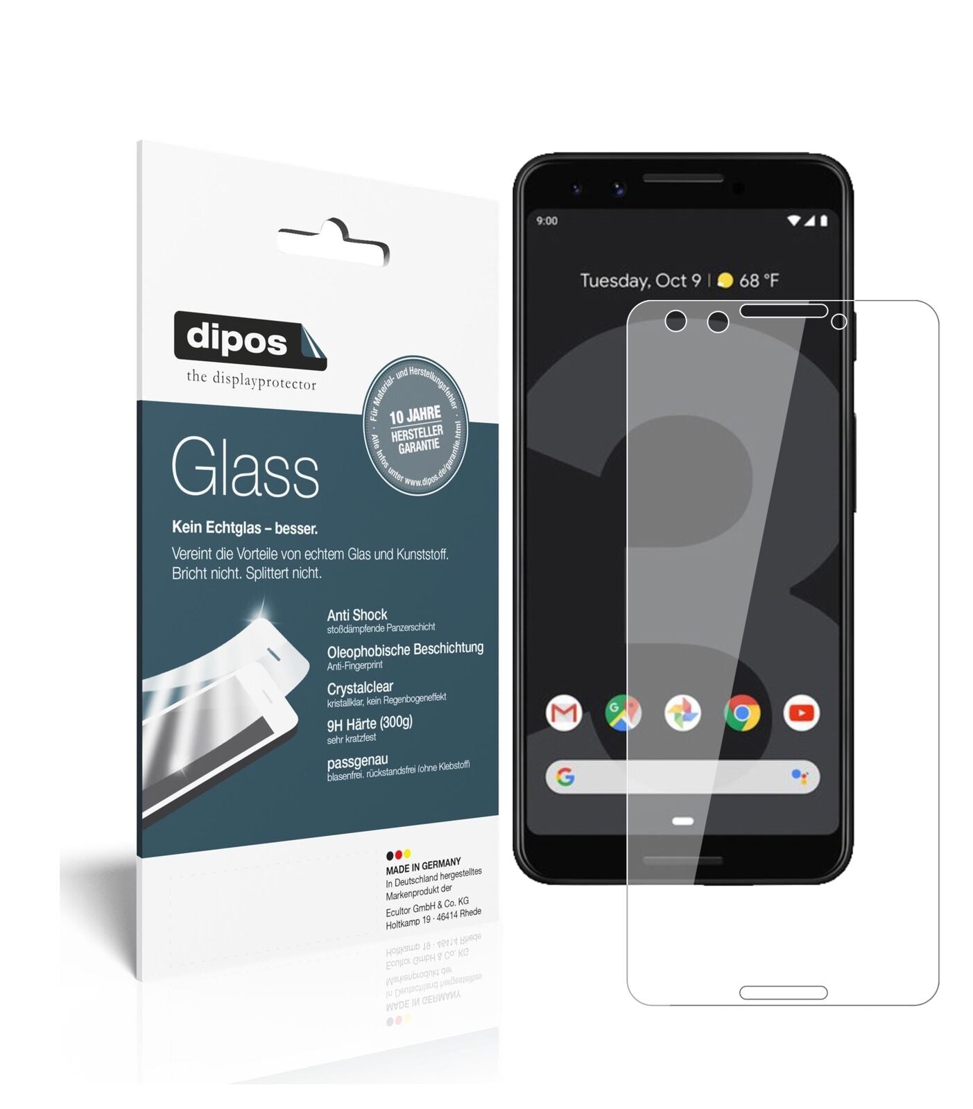 GooglePixel 3 mit aufgebrachter dipos Flex Schutzfolie, glasklare Darstellung ohne Einschränkungen