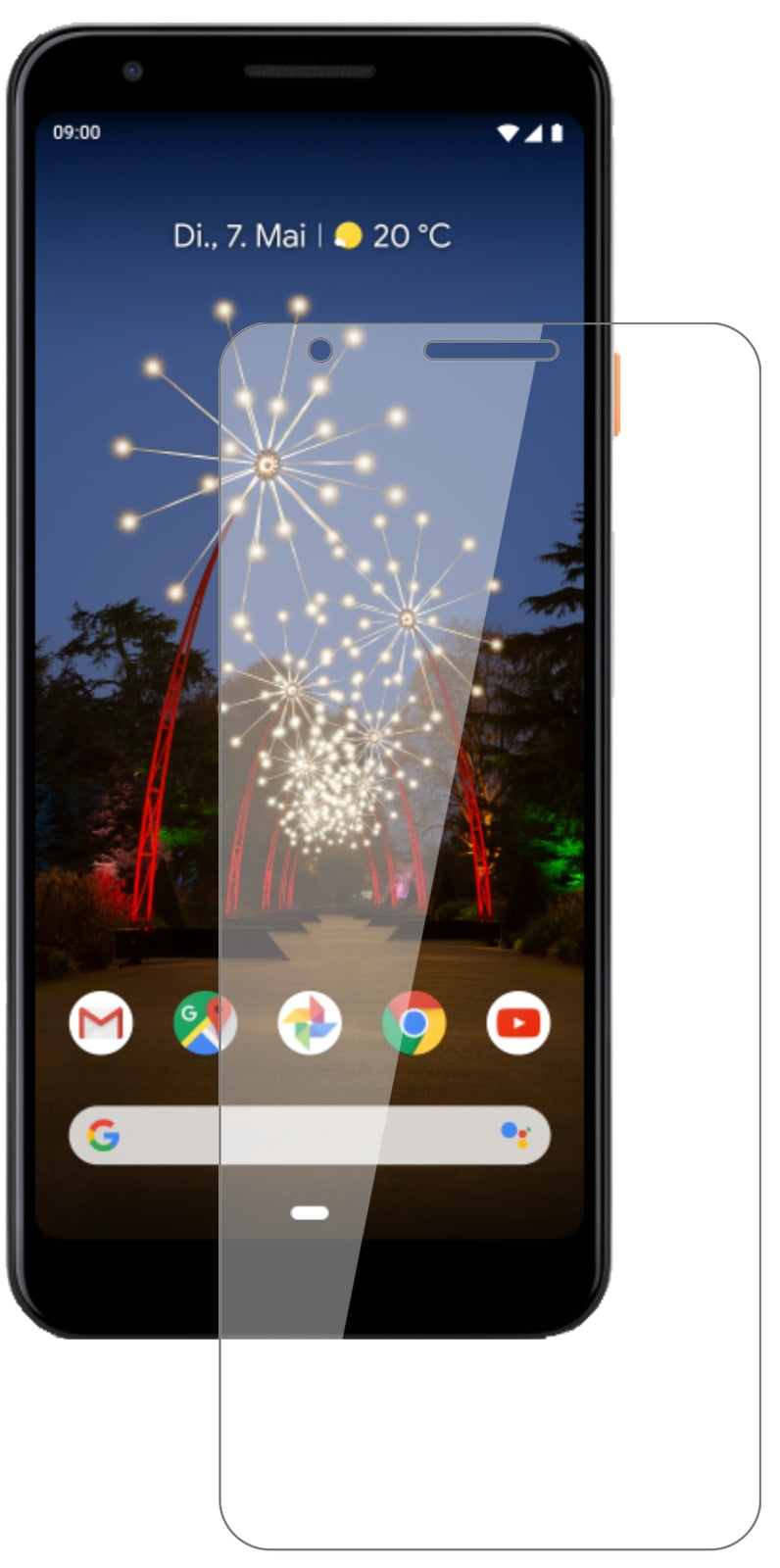 GooglePixel 3a XL mit aufgebrachter dipos Flex Schutzfolie, glasklare Darstellung ohne Einschränkungen