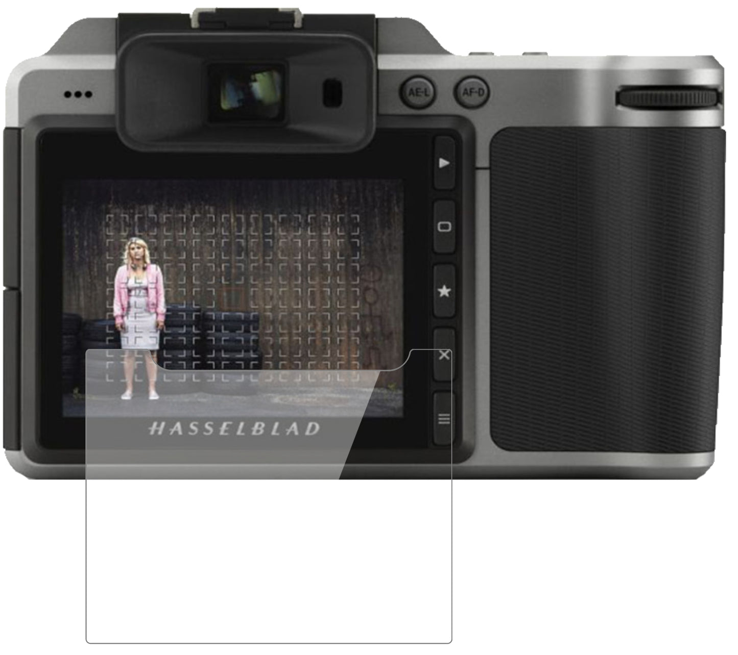 HasselbladX1D II 50C mit aufgebrachter dipos Flex Schutzfolie, glasklare Darstellung ohne Einschränkungen