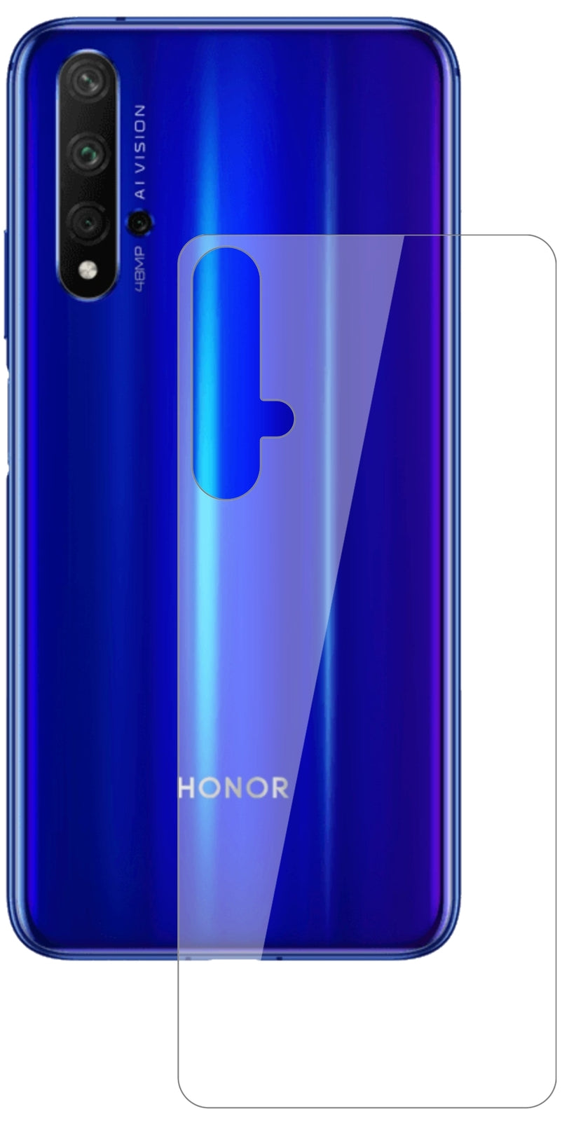 Honor20 Pro Rückseite mit aufgebrachter dipos Flex Schutzfolie, glasklare Darstellung ohne Einschränkungen