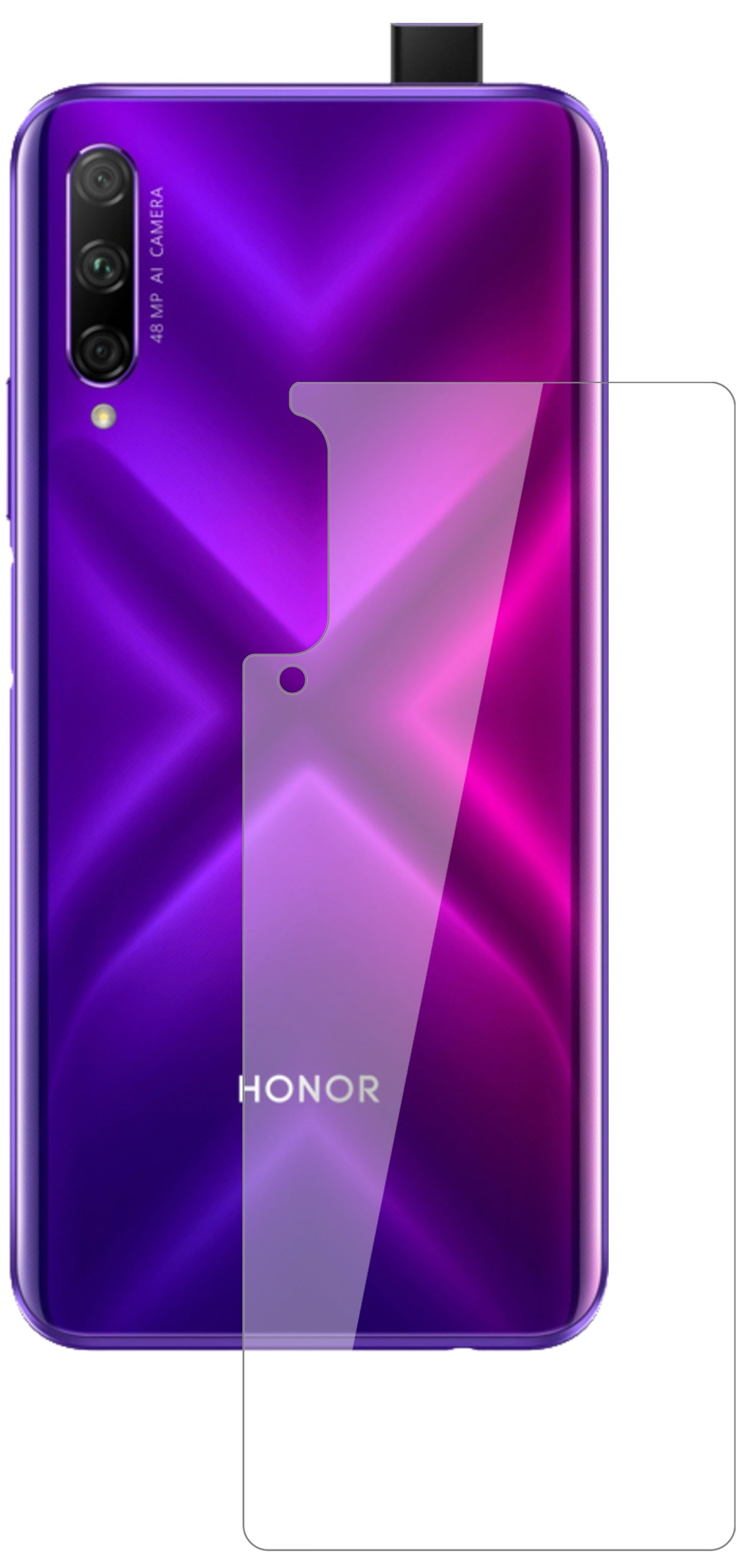 Honor9X Pro Rückseite mit aufgebrachter dipos Flex Schutzfolie, glasklare Darstellung ohne Einschränkungen
