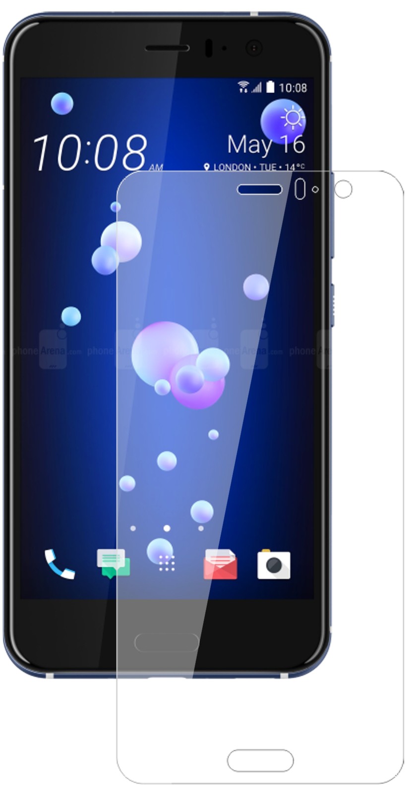 HTCU11 mit aufgebrachter dipos Flex Schutzfolie, glasklare Darstellung ohne Einschränkungen