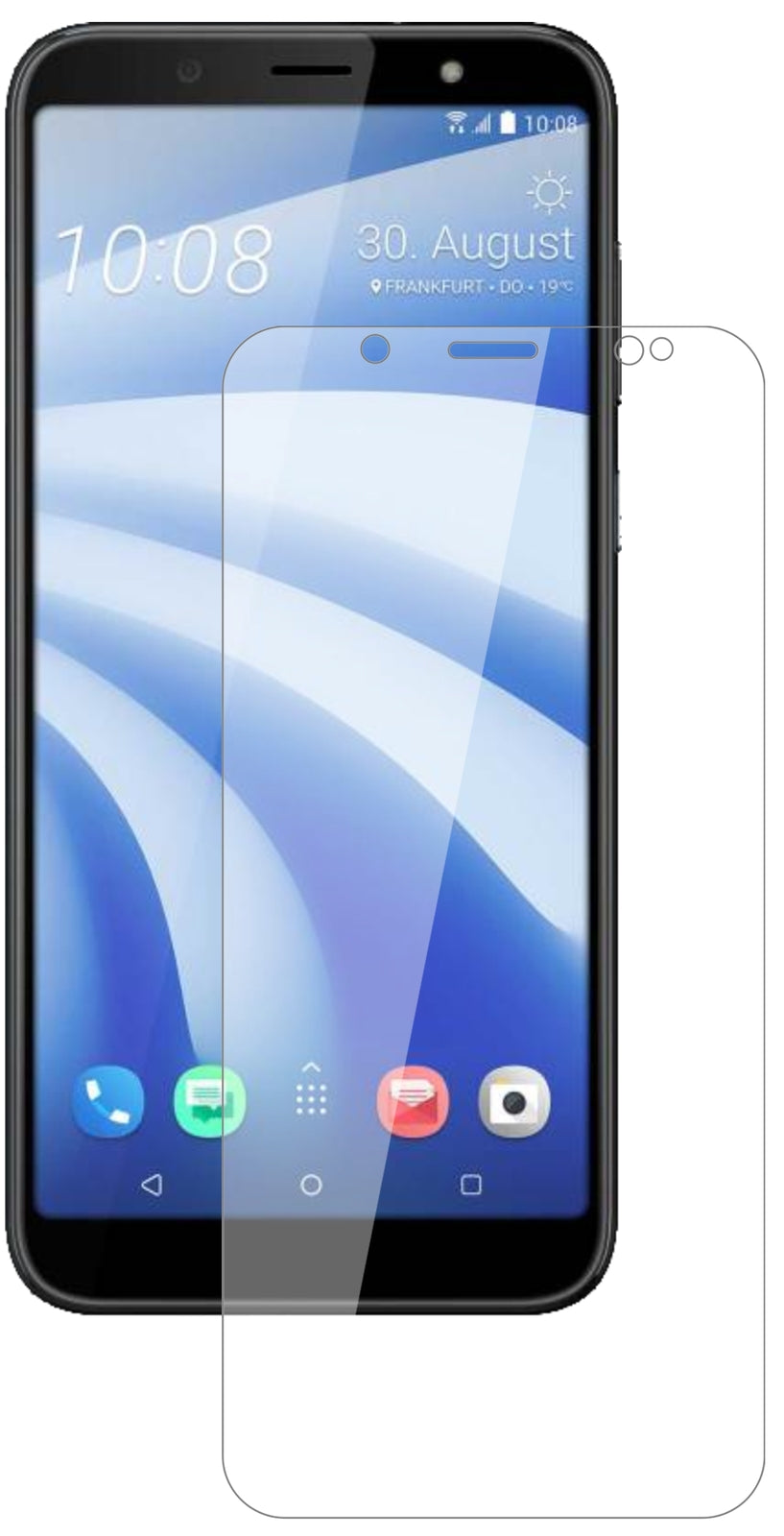 HTCU12 Life mit aufgebrachter dipos Flex Schutzfolie, glasklare Darstellung ohne Einschränkungen