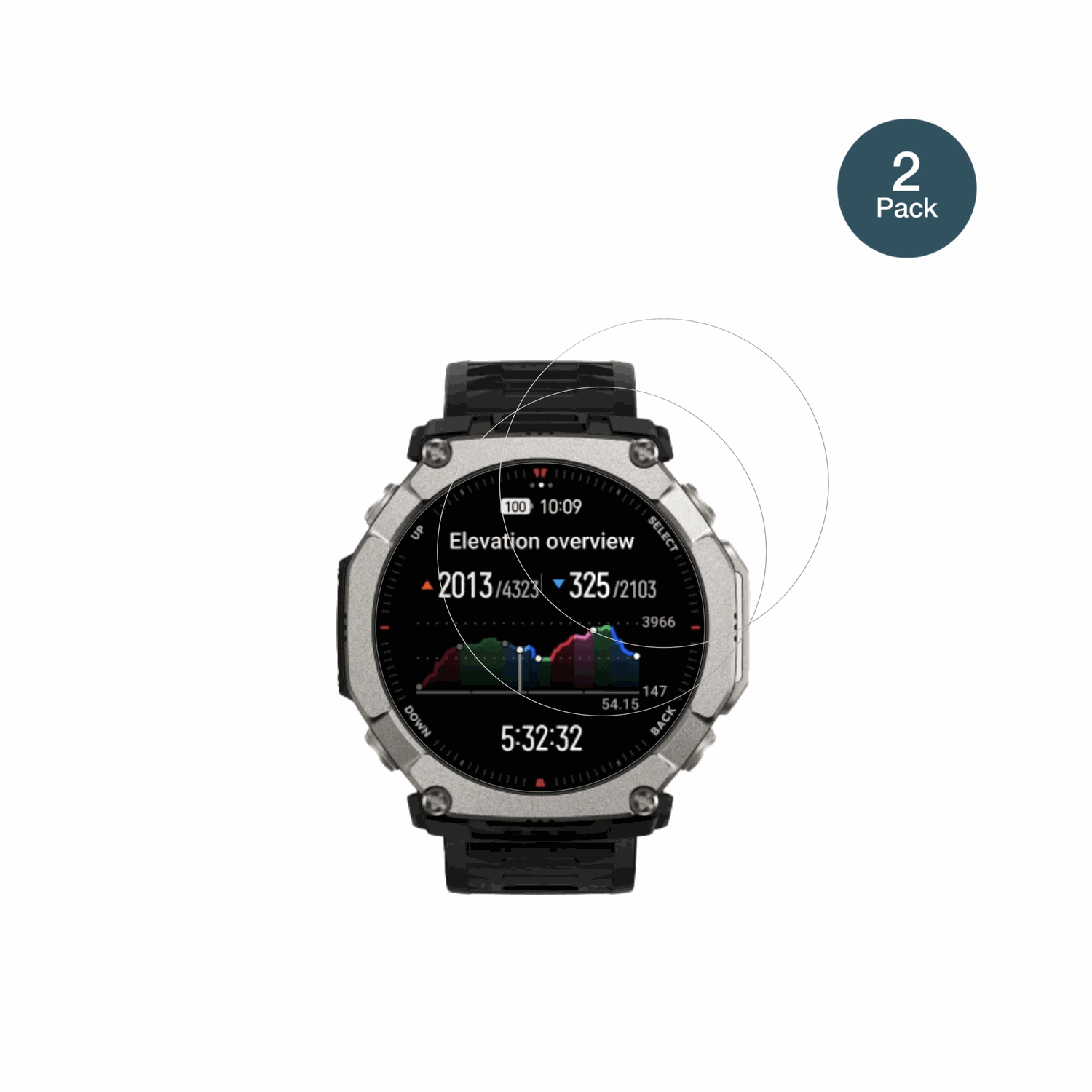 HuamiAmazfit T-Rex Ultra 2 mit aufgebrachter dipos Flex Schutzfolie, glasklare Darstellung ohne Einschränkungen