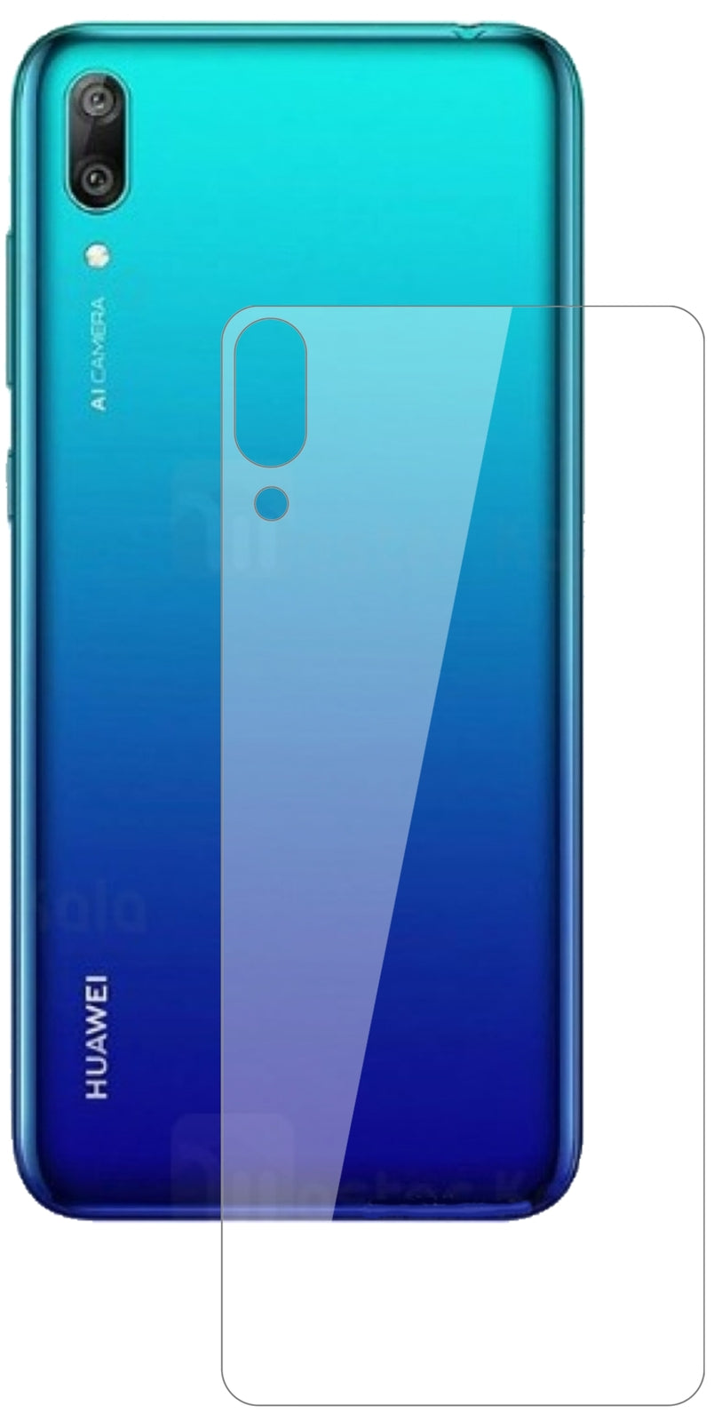 HuaweiY7 Pro (2019) Rückseite mit aufgebrachter dipos Flex Schutzfolie, glasklare Darstellung ohne Einschränkungen