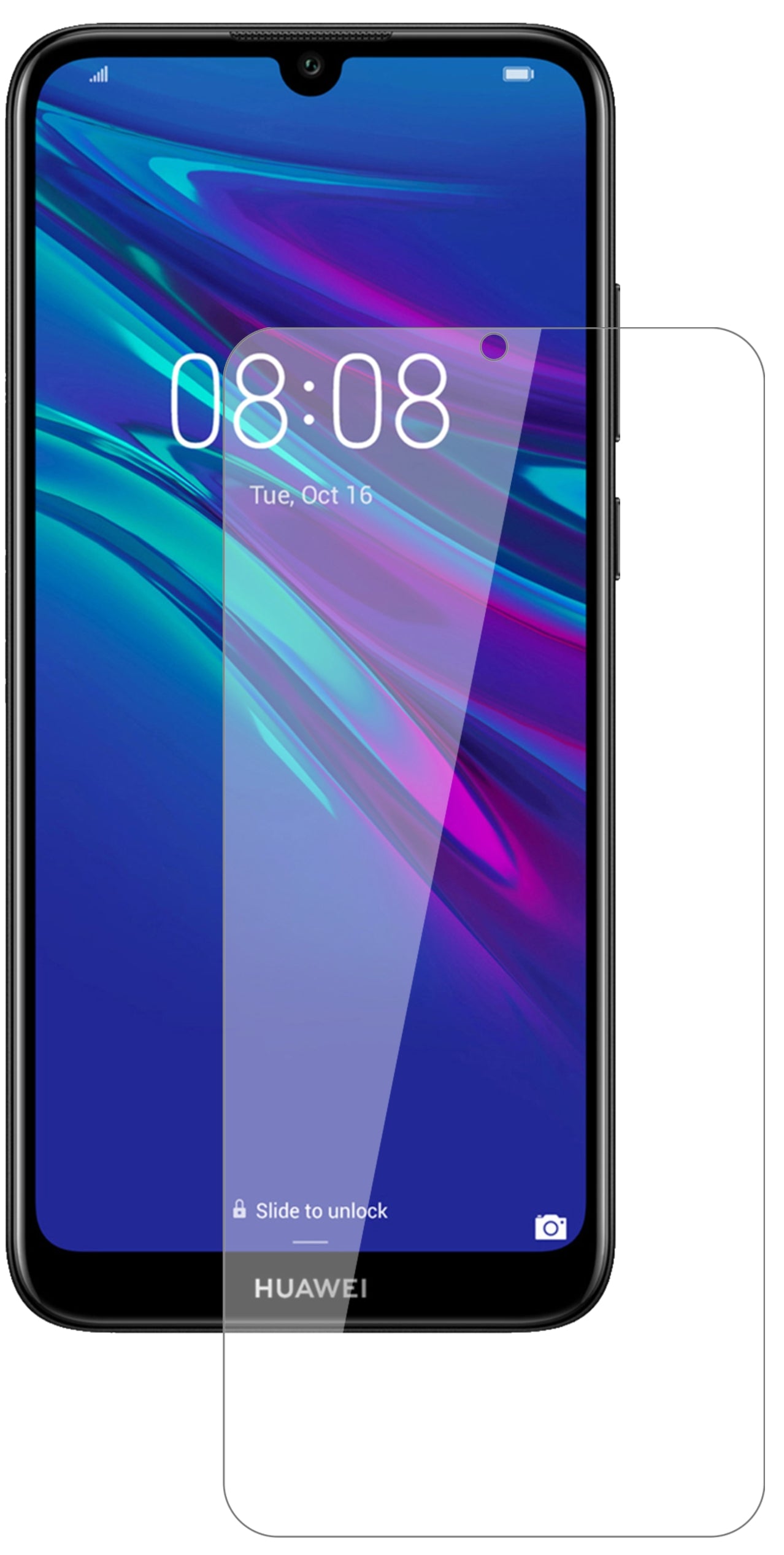HuaweiY6 Prime (2019) mit aufgebrachter dipos Flex Schutzfolie, glasklare Darstellung ohne Einschränkungen