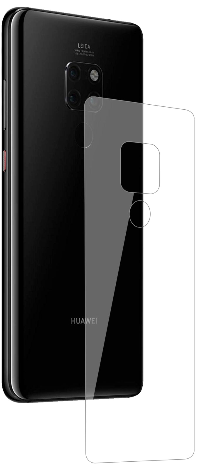 HuaweiMate 20 Rückseite mit aufgebrachter dipos Flex Schutzfolie, glasklare Darstellung ohne Einschränkungen
