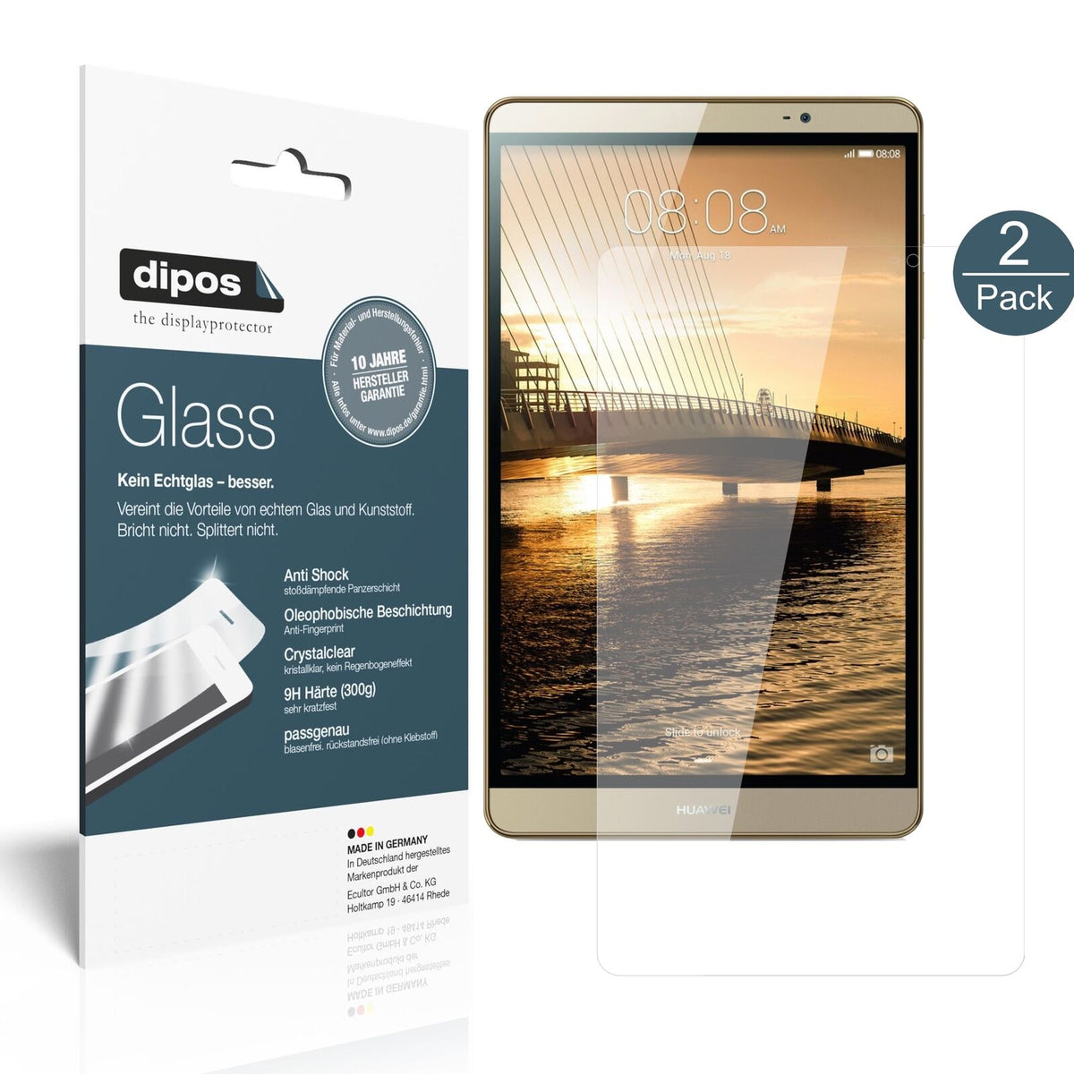 HuaweiMediapad M2 8.0 mit aufgebrachter dipos Flex Schutzfolie, glasklare Darstellung ohne Einschränkungen