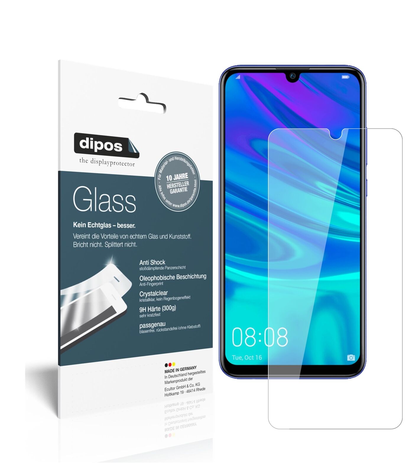 HuaweiP Smart Plus (2019) mit aufgebrachter dipos Flex Schutzfolie, glasklare Darstellung ohne Einschränkungen