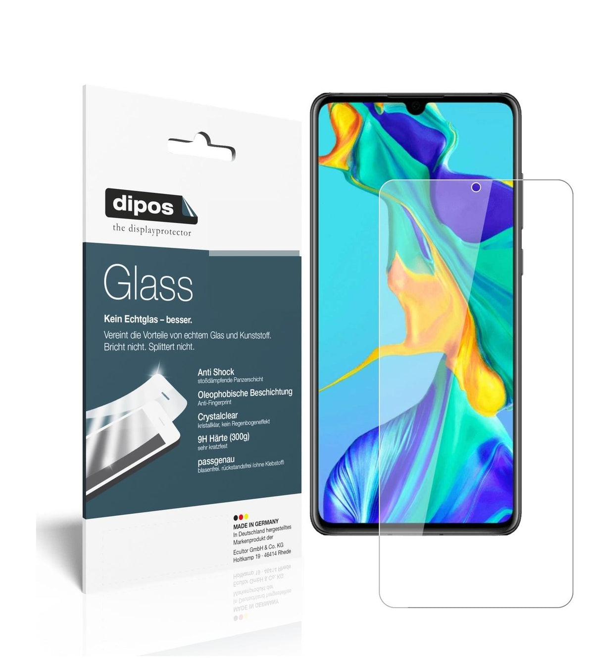 HuaweiP30 mit aufgebrachter dipos Flex Schutzfolie, glasklare Darstellung ohne Einschränkungen