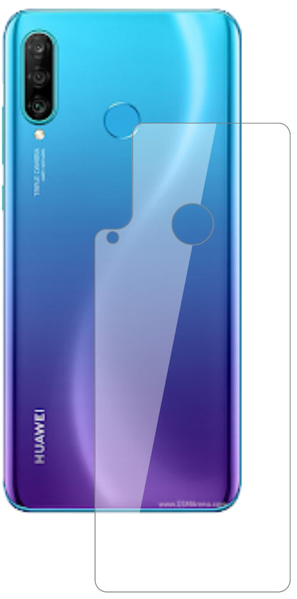 HuaweiP30 Lite Rückseite mit aufgebrachter dipos Flex Schutzfolie, glasklare Darstellung ohne Einschränkungen