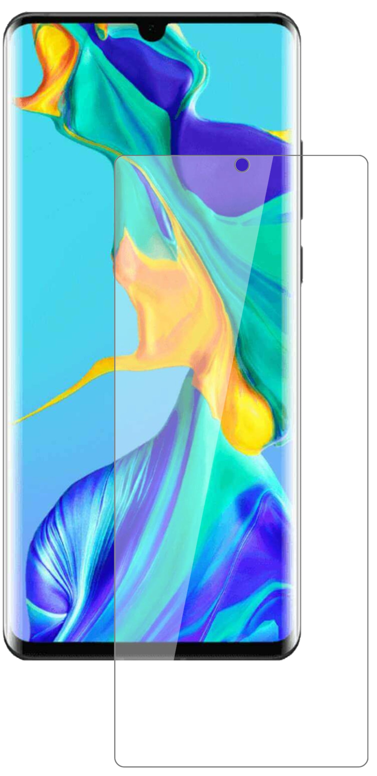 HuaweiP30 Pro New Edition mit aufgebrachter dipos Flex Schutzfolie, glasklare Darstellung ohne Einschränkungen