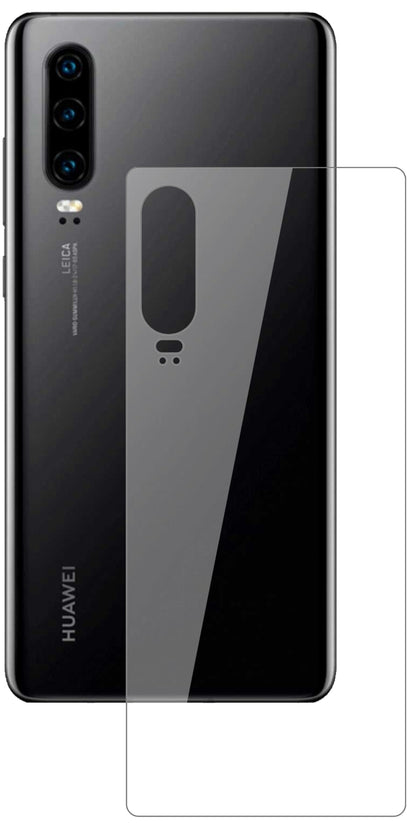 HuaweiP30 Rückseite mit aufgebrachter dipos Flex Schutzfolie, glasklare Darstellung ohne Einschränkungen