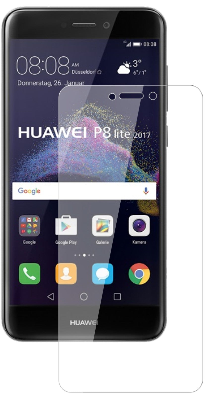 HuaweiP8 Lite2017 mit aufgebrachter dipos Flex Schutzfolie, glasklare Darstellung ohne Einschränkungen