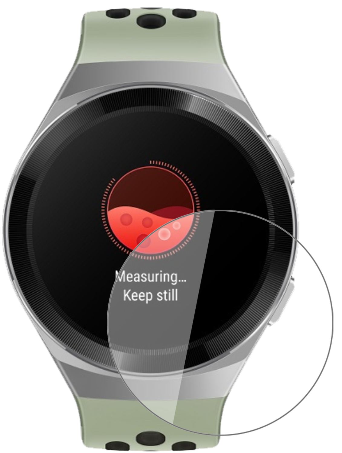 HuaweiWatch GT 2e mit aufgebrachter dipos Flex Schutzfolie, glasklare Darstellung ohne Einschränkungen