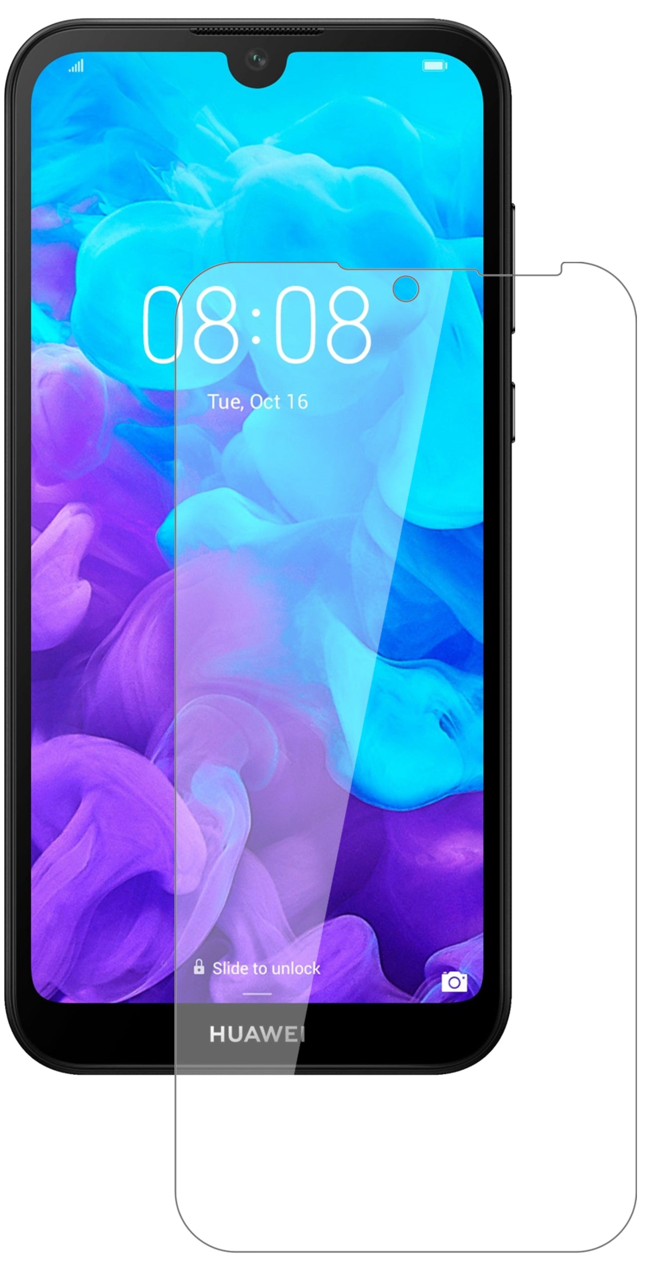 HuaweiY5 (2019) mit aufgebrachter dipos Flex Schutzfolie, glasklare Darstellung ohne Einschränkungen
