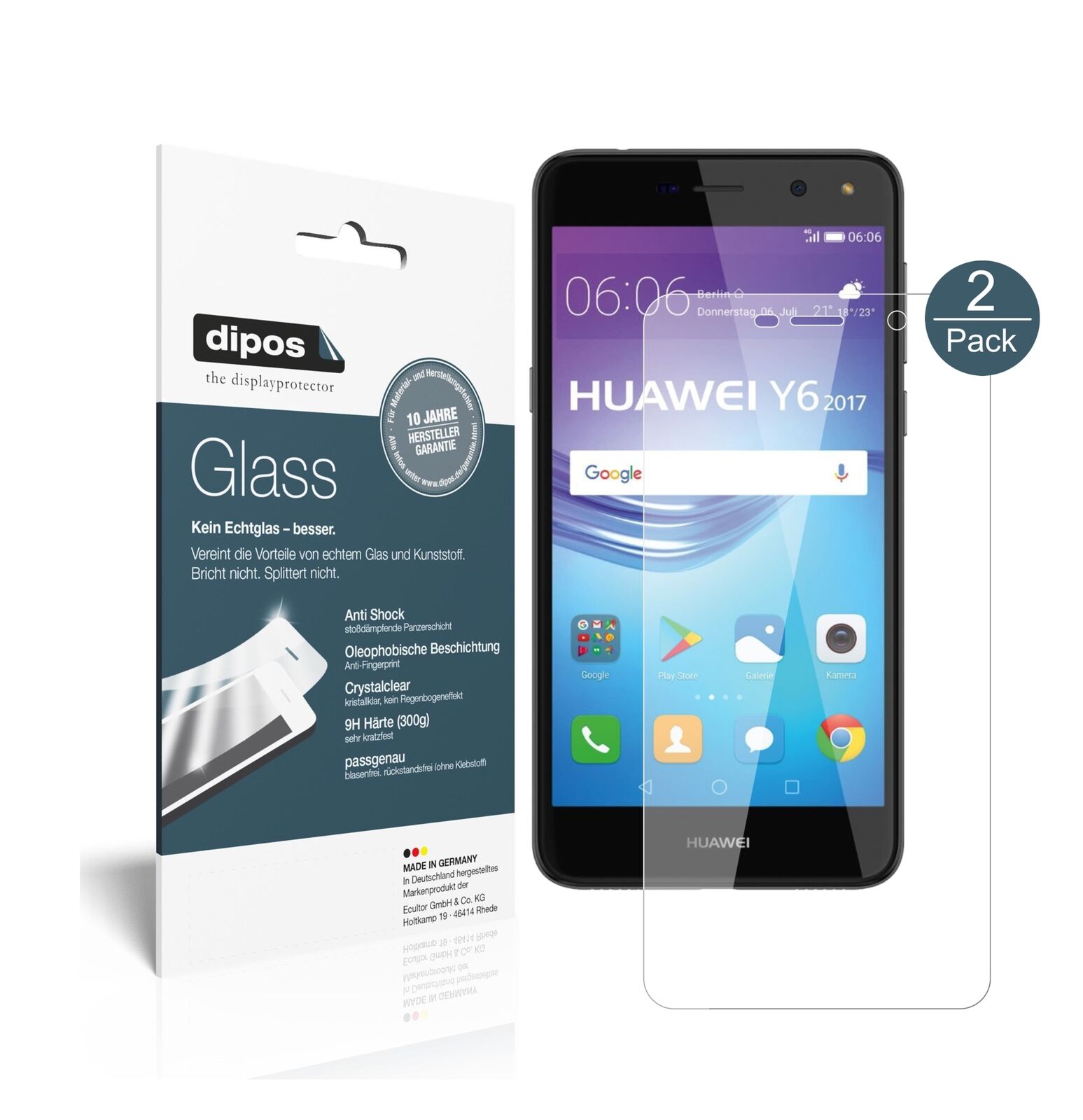 HuaweiY6 (2017) mit aufgebrachter dipos Flex Schutzfolie, glasklare Darstellung ohne Einschränkungen