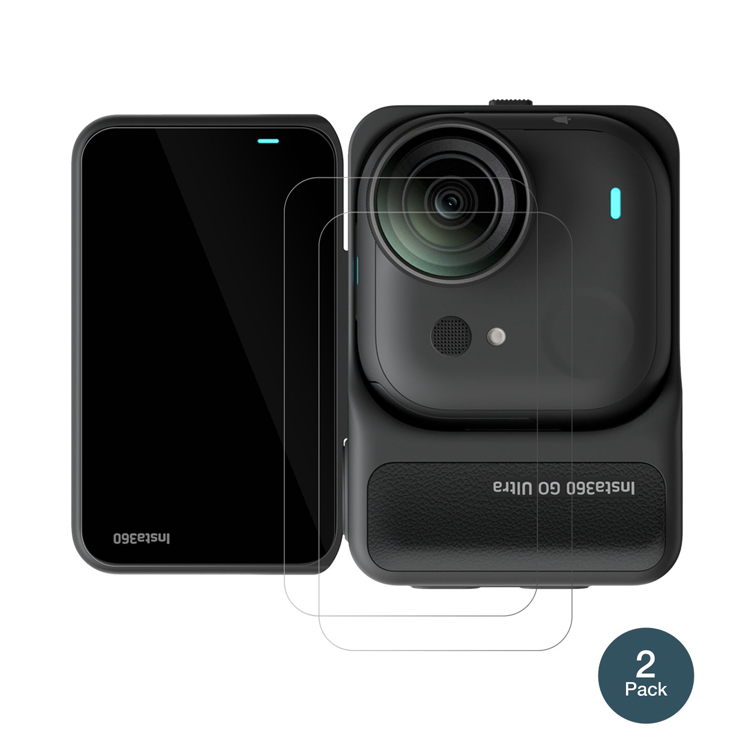Insta360Go Ultra mit aufgebrachter dipos Flex Schutzfolie, glasklare Darstellung ohne Einschränkungen