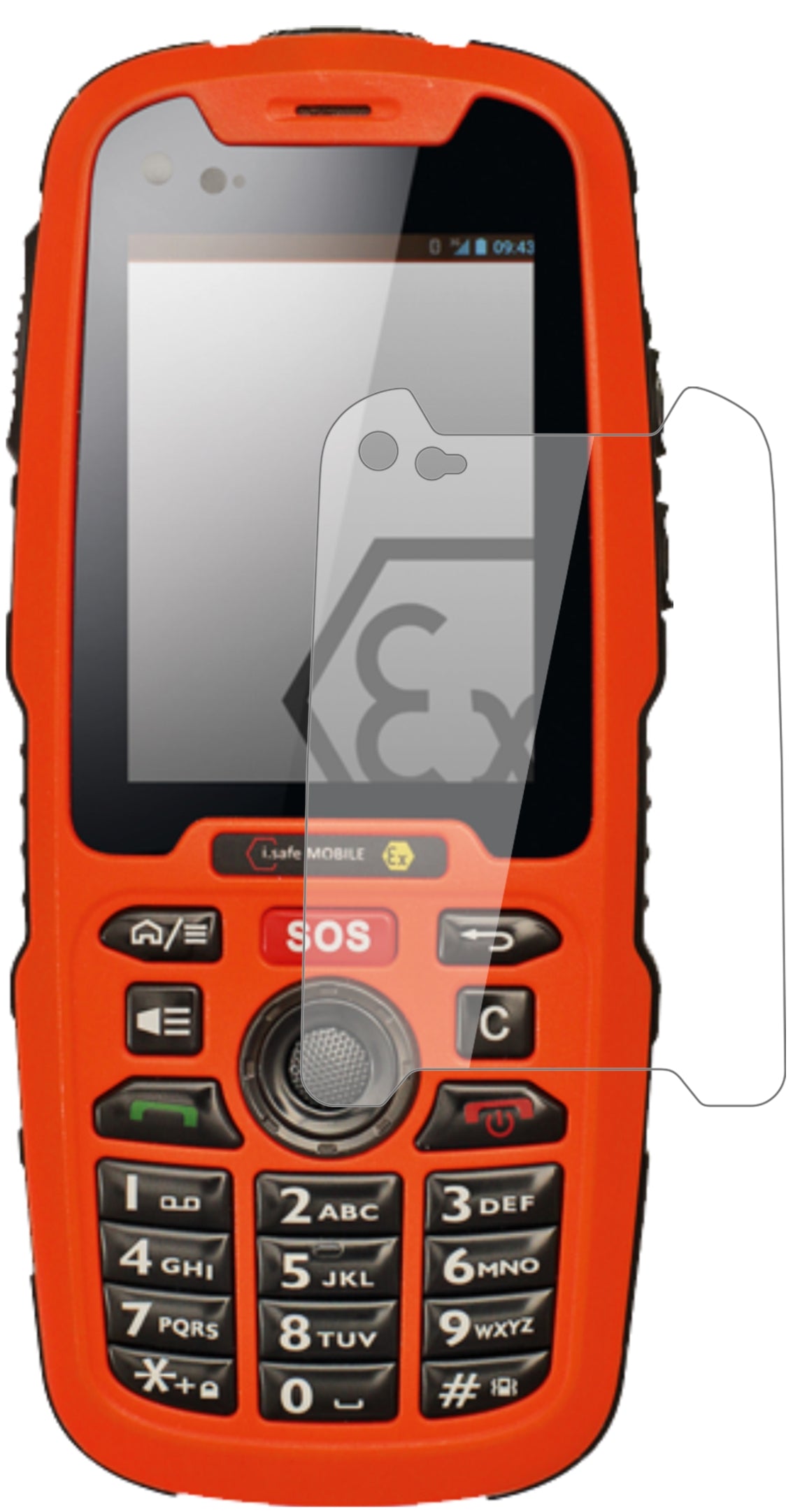 i.safe MOBILEIS320.1 mit aufgebrachter dipos Flex Schutzfolie, glasklare Darstellung ohne Einschränkungen