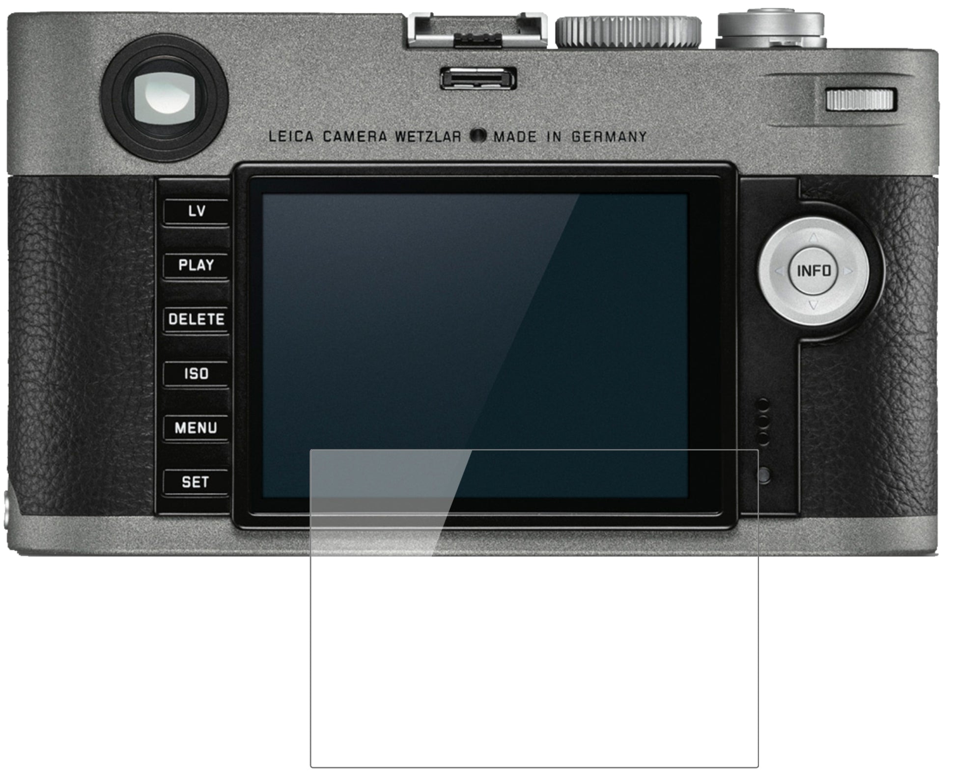 LeicaM-E (Typ) 240 mit aufgebrachter dipos Flex Schutzfolie, glasklare Darstellung ohne Einschränkungen