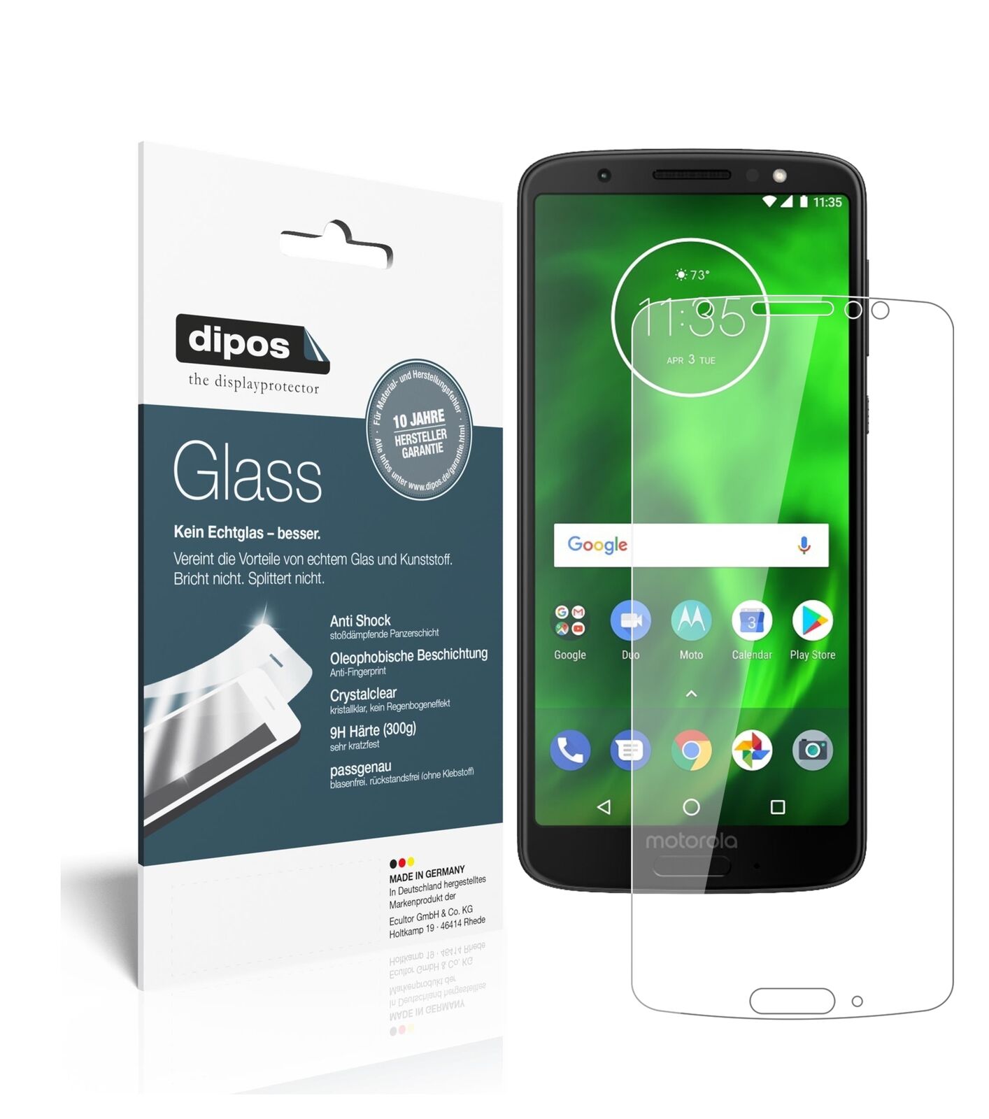 LenovoMoto G6 mit aufgebrachter dipos Flex Schutzfolie, glasklare Darstellung ohne Einschränkungen
