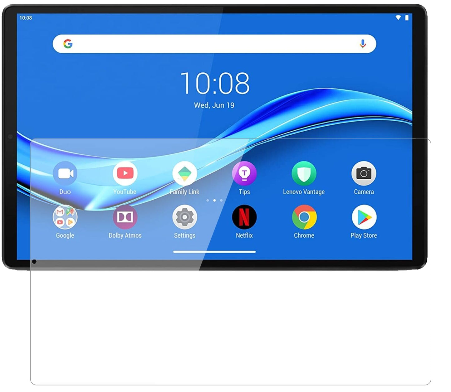 LenovoTab M10 FHD Plus mit aufgebrachter dipos Flex Schutzfolie, glasklare Darstellung ohne Einschränkungen