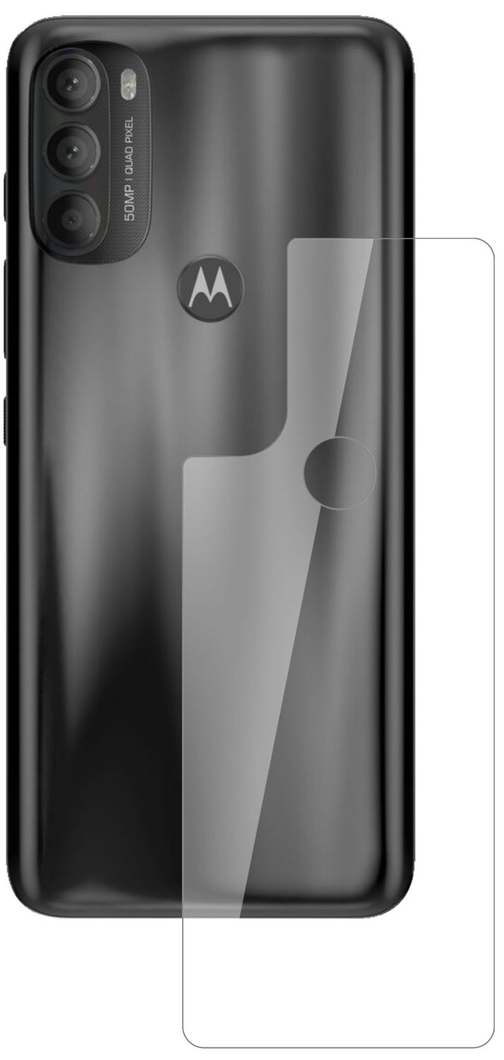 MotorolaMoto G71 Rückseite mit aufgebrachter dipos Flex Schutzfolie, glasklare Darstellung ohne Einschränkungen