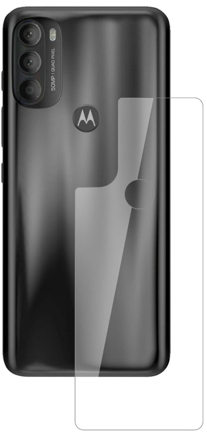 MotorolaMoto G71 Rückseite mit aufgebrachter dipos Flex Schutzfolie, glasklare Darstellung ohne Einschränkungen