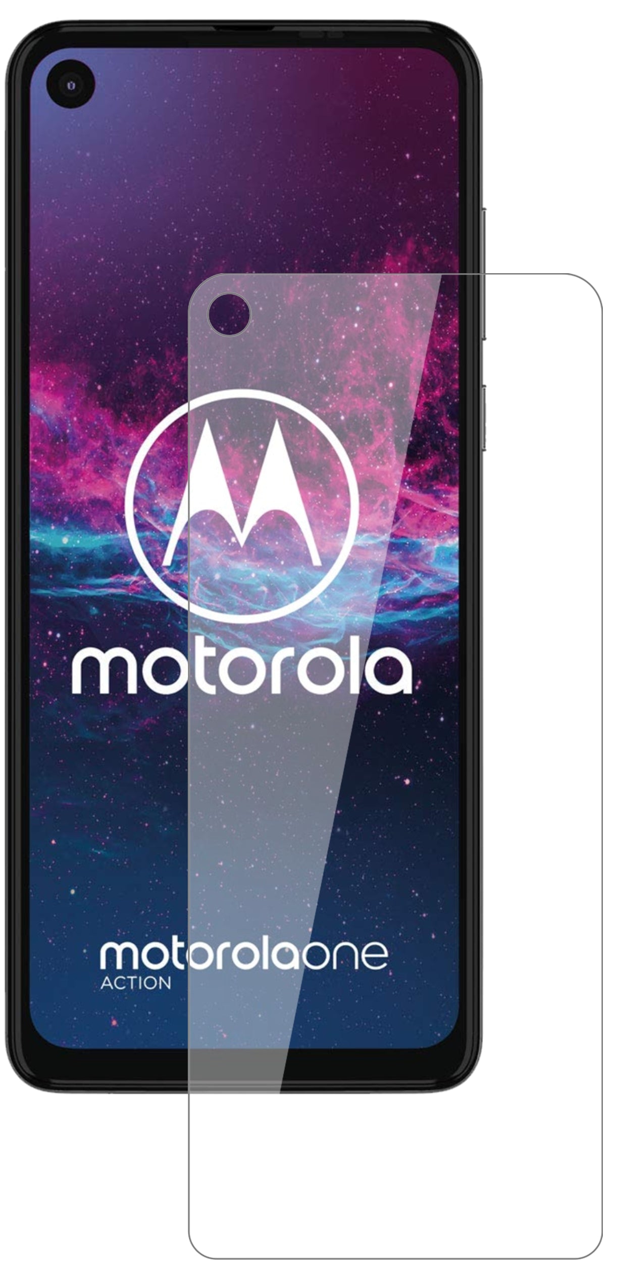 MotorolaOne Action mit aufgebrachter dipos Flex Schutzfolie, glasklare Darstellung ohne Einschränkungen