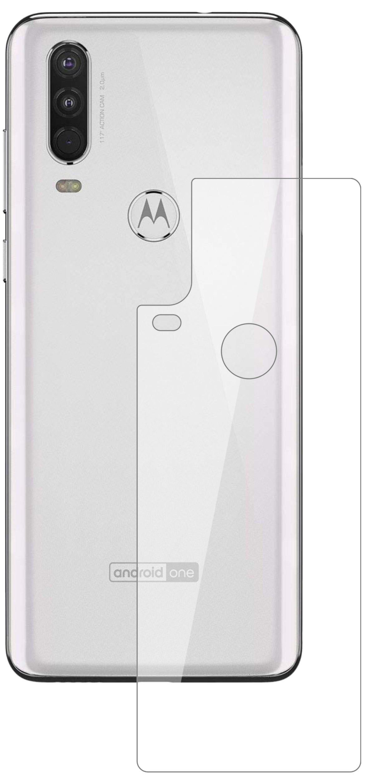 MotorolaOne Action Rückseite mit aufgebrachter dipos Flex Schutzfolie, glasklare Darstellung ohne Einschränkungen