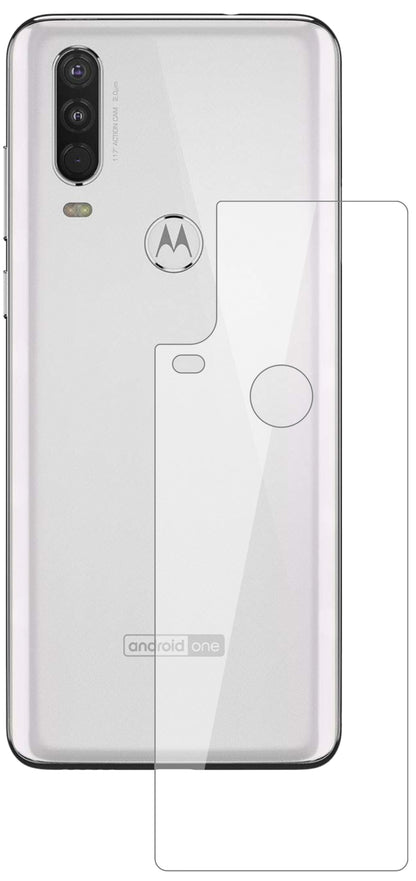 MotorolaOne Action Rückseite mit aufgebrachter dipos Flex Schutzfolie, glasklare Darstellung ohne Einschränkungen