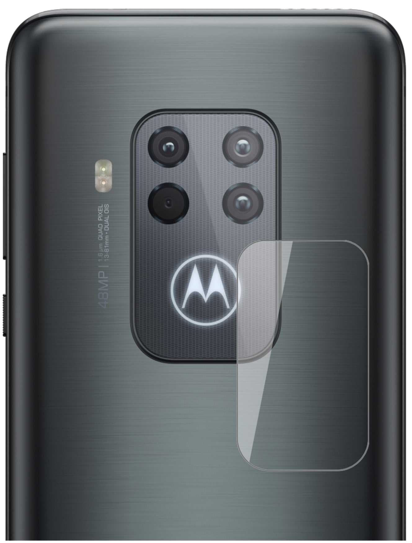 MotorolaOne Zoom Kameralinse mit aufgebrachter dipos Flex Schutzfolie, glasklare Darstellung ohne Einschränkungen