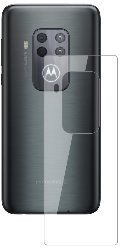 MotorolaOne Zoom Rückseite mit aufgebrachter dipos Flex Schutzfolie, glasklare Darstellung ohne Einschränkungen