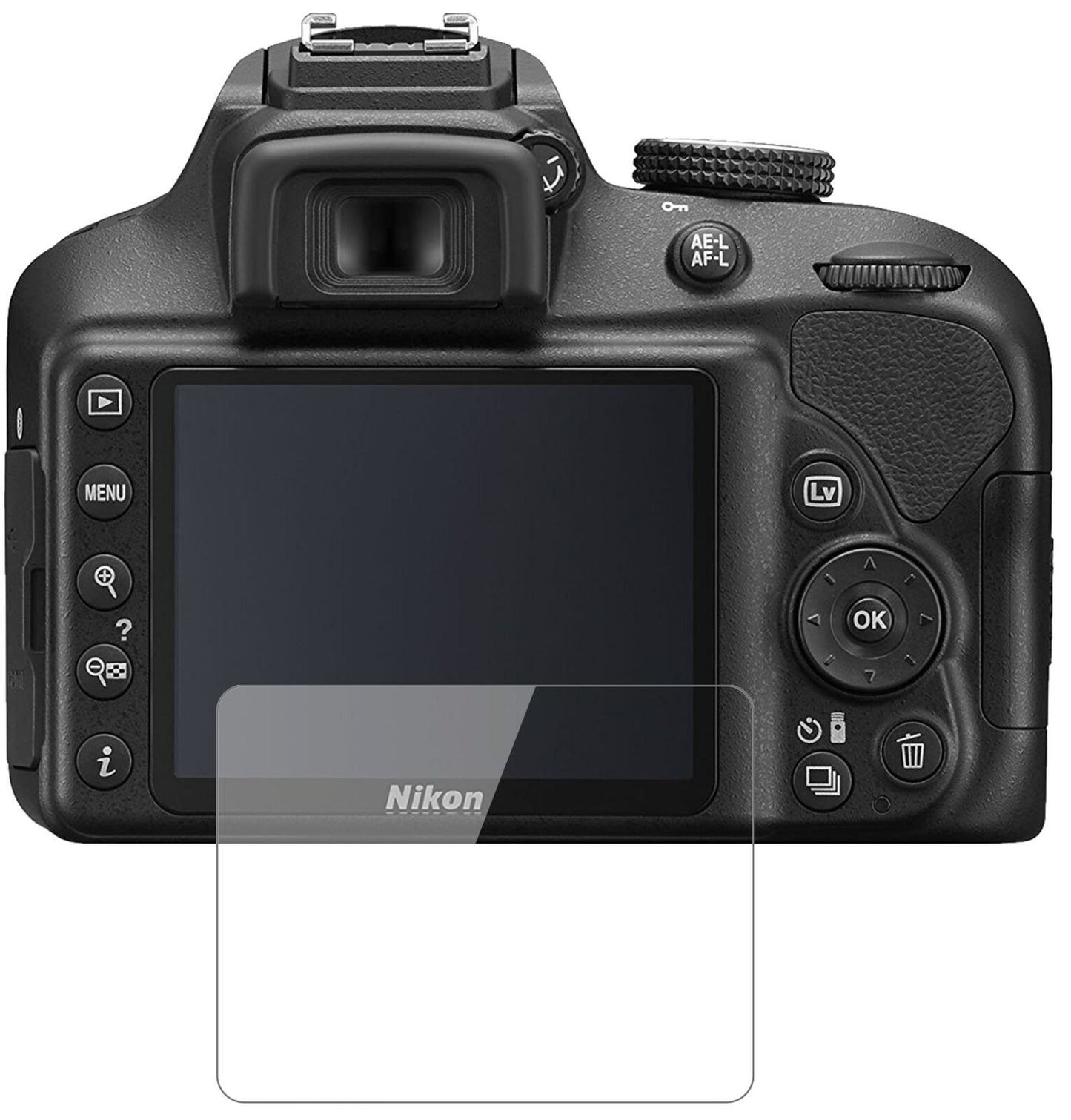 Nikon3500 mit aufgebrachter dipos Flex Schutzfolie, glasklare Darstellung ohne Einschränkungen