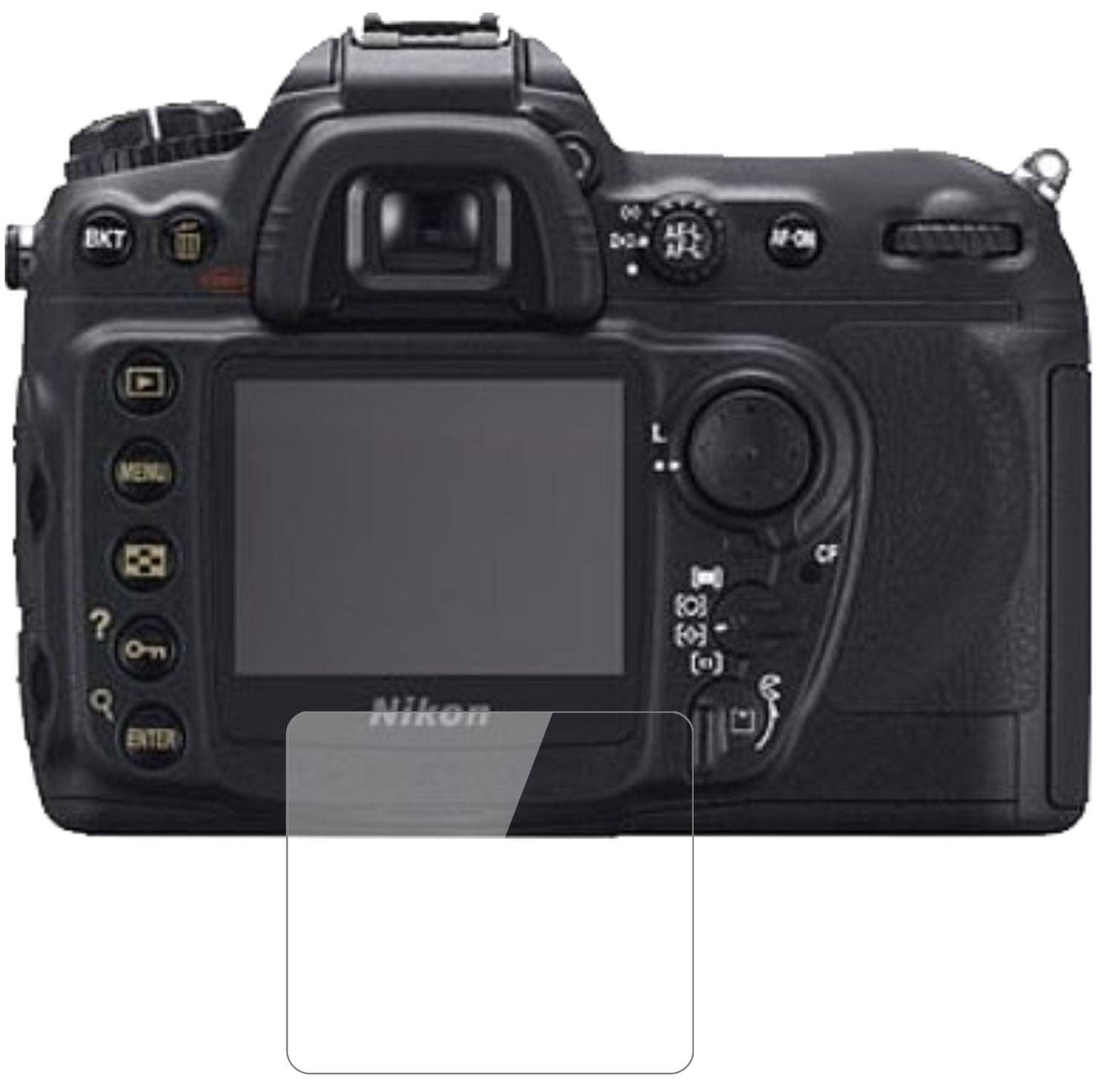NikonD200 mit aufgebrachter dipos Flex Schutzfolie, glasklare Darstellung ohne Einschränkungen