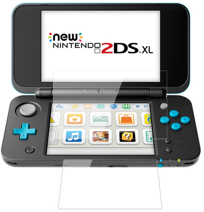 Nintendo2DS XL mit aufgebrachter dipos Flex Schutzfolie, glasklare Darstellung ohne Einschränkungen