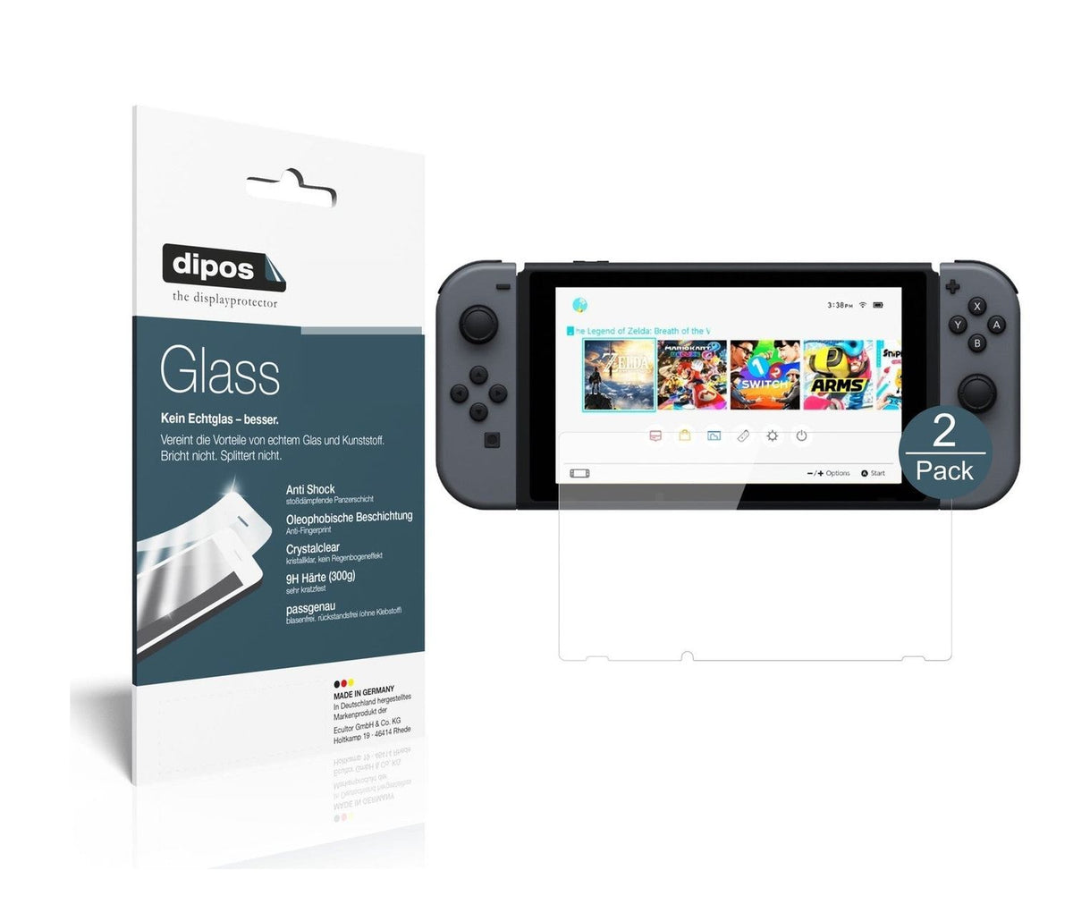 NintendoSwitch mit aufgebrachter dipos Flex Schutzfolie, glasklare Darstellung ohne Einschränkungen