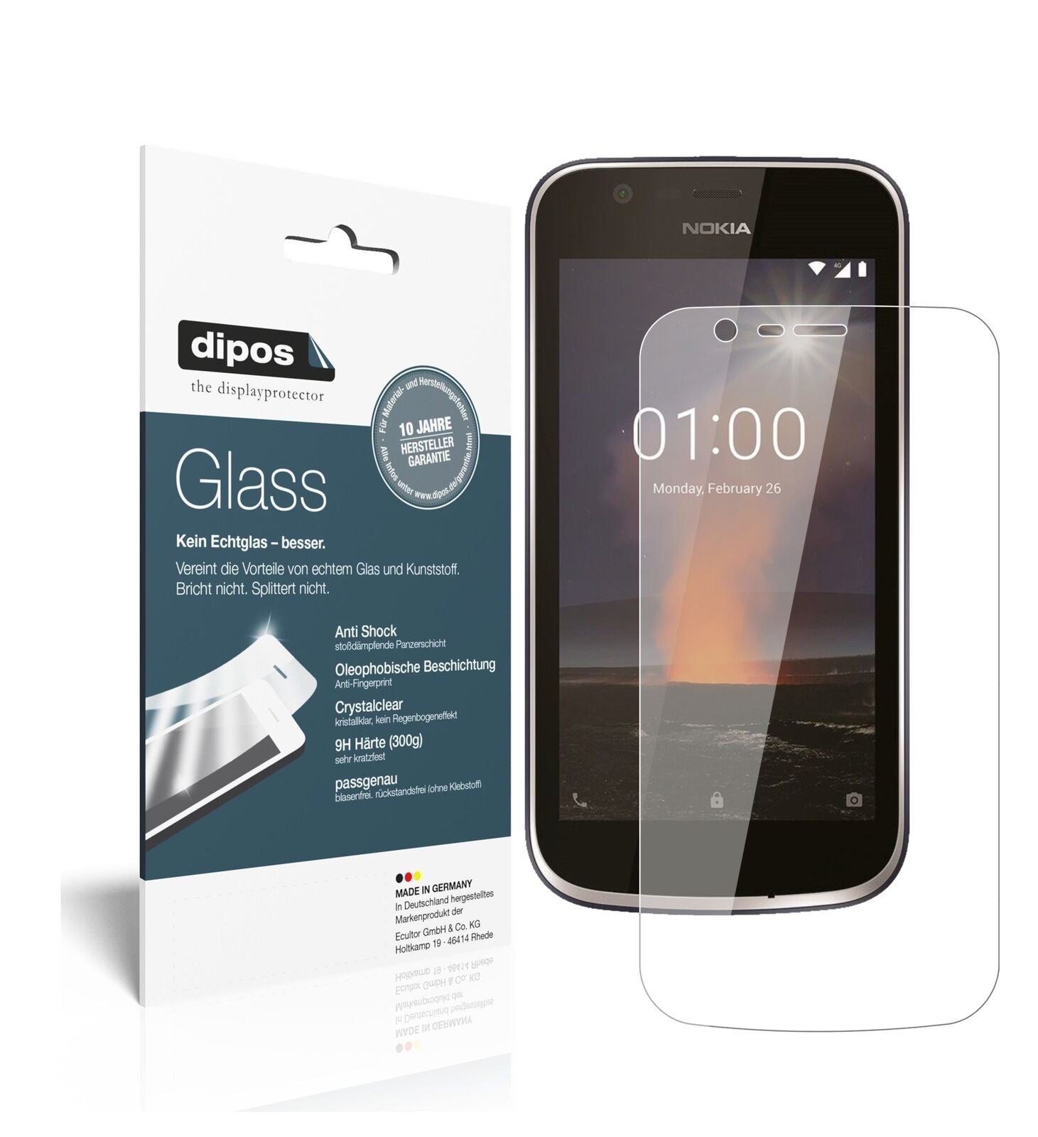 Nokia1 mit aufgebrachter dipos Flex Schutzfolie, glasklare Darstellung ohne Einschränkungen