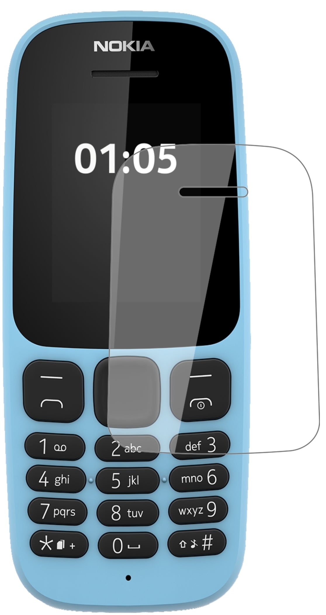 Nokia105 (2019) mit aufgebrachter dipos Flex Schutzfolie, glasklare Darstellung ohne Einschränkungen