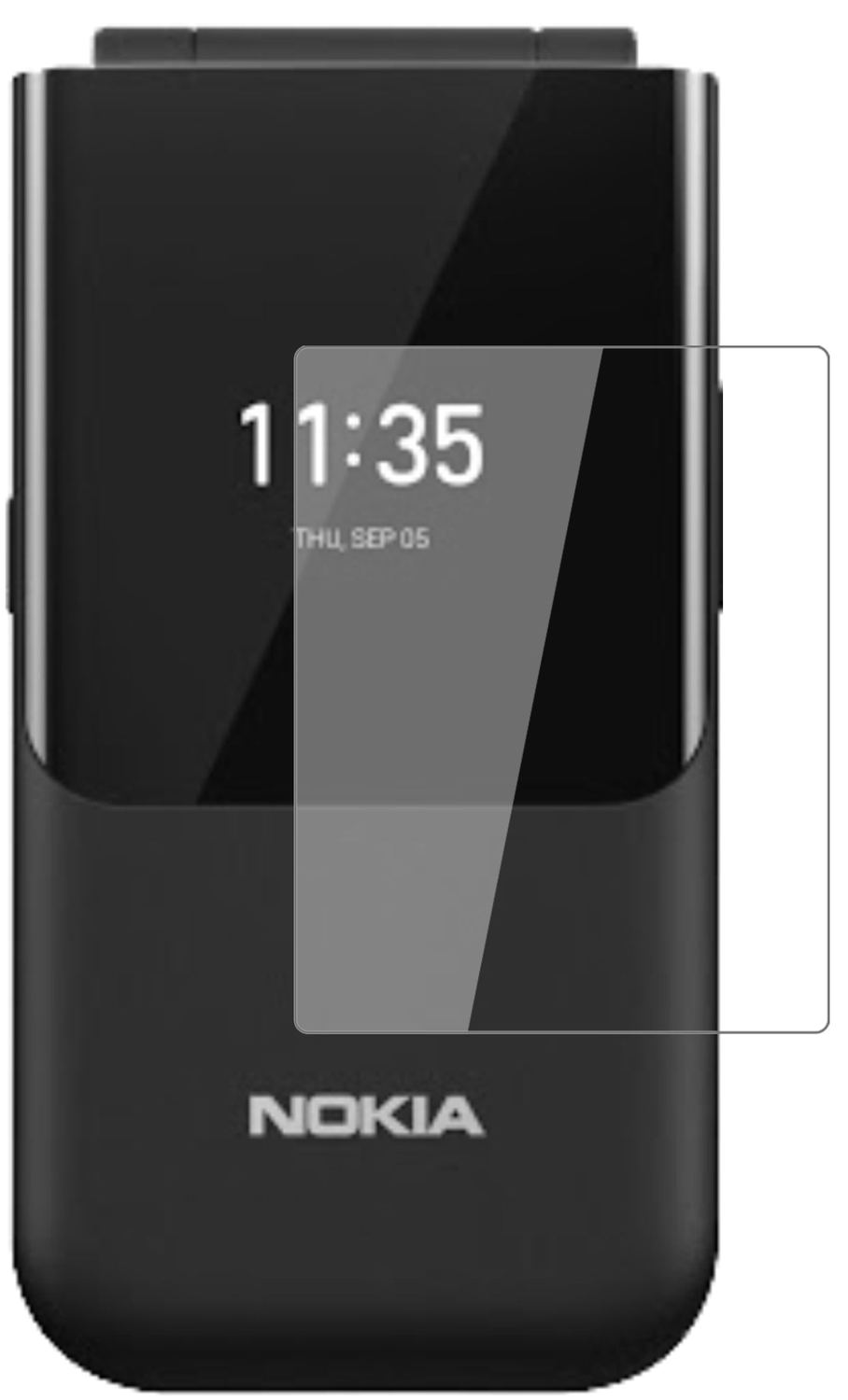 Nokia2720 Flip Rückseite mit aufgebrachter dipos Flex Schutzfolie, glasklare Darstellung ohne Einschränkungen