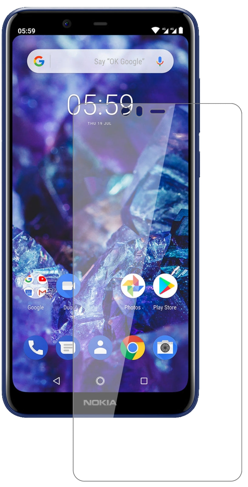 Nokia5.1 Plus mit aufgebrachter dipos Flex Schutzfolie, glasklare Darstellung ohne Einschränkungen