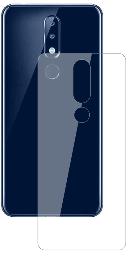 Nokia5.1 Plus Rückseite mit aufgebrachter dipos Flex Schutzfolie, glasklare Darstellung ohne Einschränkungen