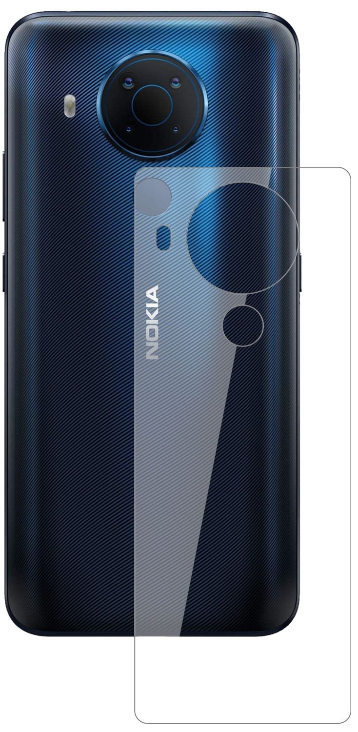Nokia5.4 Rückseite mit aufgebrachter dipos Flex Schutzfolie, glasklare Darstellung ohne Einschränkungen