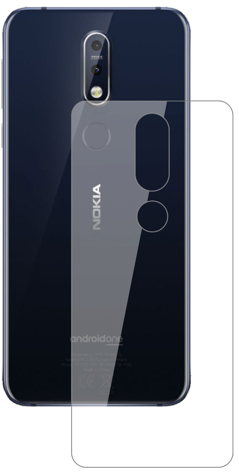 Nokia7.1 Rückseite mit aufgebrachter dipos Flex Schutzfolie, glasklare Darstellung ohne Einschränkungen