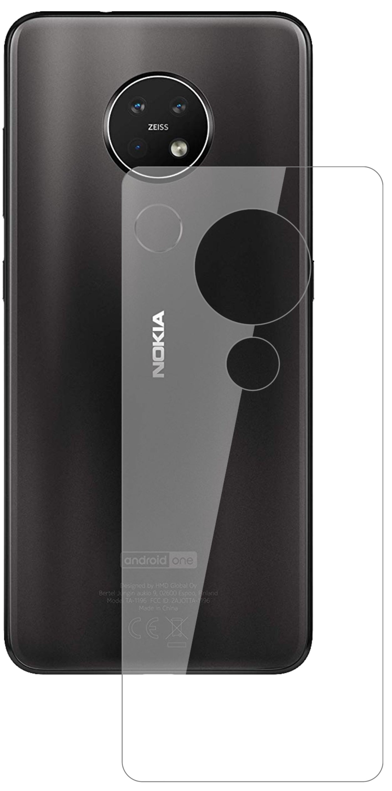 Nokia7.2 Rückseite mit aufgebrachter dipos Flex Schutzfolie, glasklare Darstellung ohne Einschränkungen