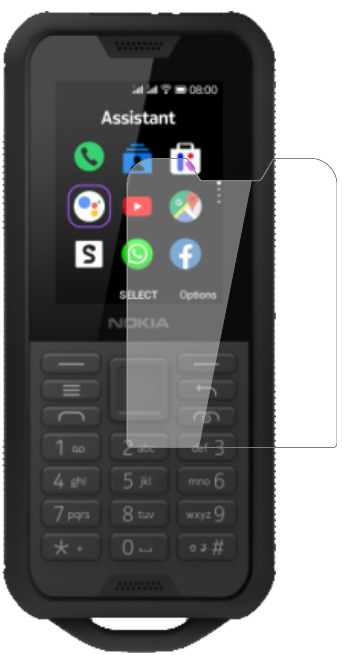Nokia800 Tough mit aufgebrachter dipos Flex Schutzfolie, glasklare Darstellung ohne Einschränkungen