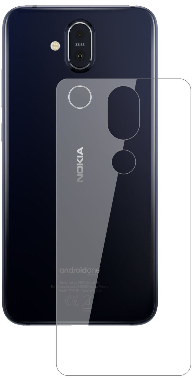Nokia8.1 Rückseite mit aufgebrachter dipos Flex Schutzfolie, glasklare Darstellung ohne Einschränkungen