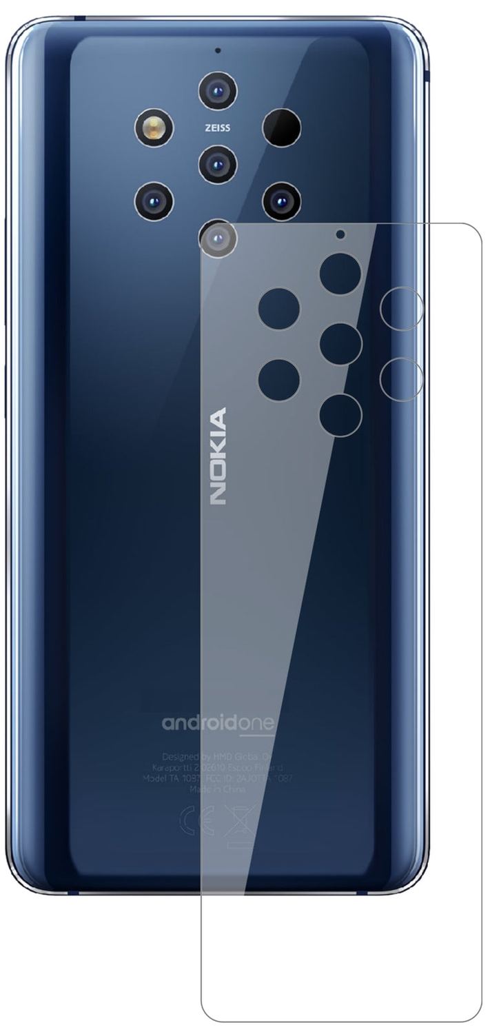 Nokia9 PureView Rückseite mit aufgebrachter dipos Flex Schutzfolie, glasklare Darstellung ohne Einschränkungen